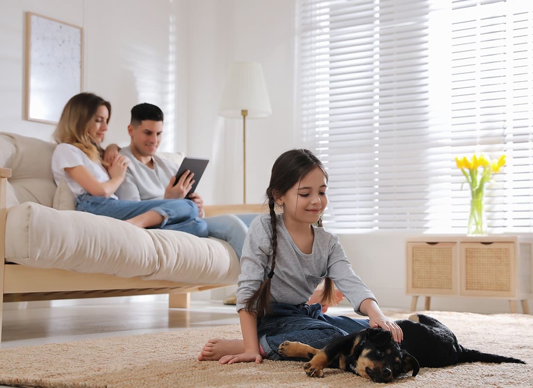 Insurance Solutions - Little Girl Playing With Puppy While Parents Sitting on Sofa in Living Room